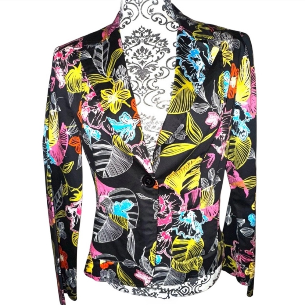 Black and Multicoloured Floral One Button Blazer by FMX & Company